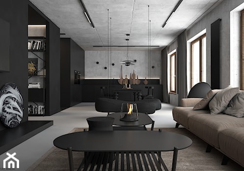 czErń ♠ - Duży czarny szary salon z kuchnią z jadalnią, styl minimalistyczny - zdjęcie od ELEMENTY