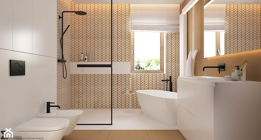 Skandynawski minimalizm w odcieniach nude - Duża z lustrem łazienka z oknem, styl minimalistyczny - zdjęcie od ELEMENTY
