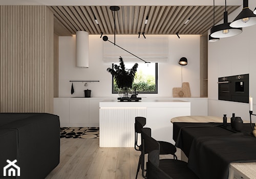 Dom jednorodzinny w Krynicy - Duża otwarta z salonem z kamiennym blatem biała z zabudowaną lodówką kuchnia w kształcie litery l z wyspą lub półwyspem z oknem, styl minimalistyczny - zdjęcie od ELEMENTY