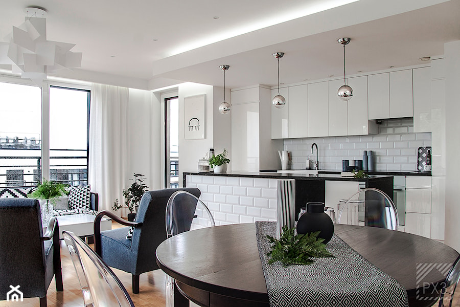Mieszkanie Art Deco - Średnia biała jadalnia w salonie w kuchni, styl glamour - zdjęcie od PX3 Pracownia Projektowa Prokopowicz