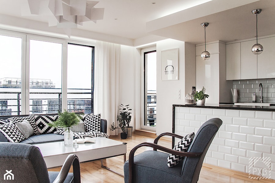 Mieszkanie Art Deco - Średni biały salon z kuchnią, styl glamour - zdjęcie od PX3 Pracownia Projektowa Prokopowicz