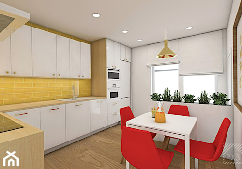 Soczyste mieszkanie pod Opolem - Duża otwarta biała żółta z zabudowaną lodówką kuchnia w kształcie litery l z oknem - zdjęcie od PX3 Pracownia Projektowa Prokopowicz