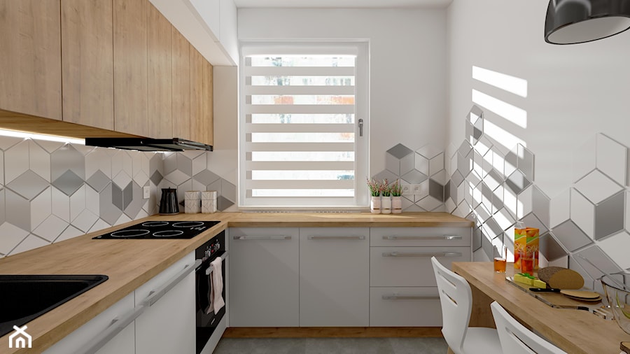 Mieszkanie w bloku - Mała zamknięta szara z zabudowaną lodówką z nablatowym zlewozmywakiem kuchnia w kształcie litery l z oknem, styl nowoczesny - zdjęcie od Projektowanie wnętrz Gruczyńska Monika