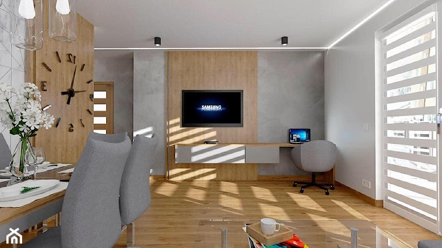 Mieszkanie w bloku - Duży szary salon z jadalnią, styl nowoczesny - zdjęcie od Projektowanie wnętrz Gruczyńska Monika