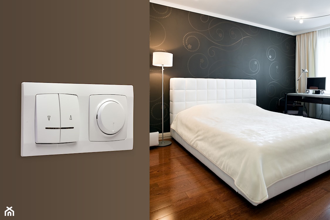 konfigurator osprzętu elektrycznego, minimalistyczna sypialnia, nowoczesna sypialnia