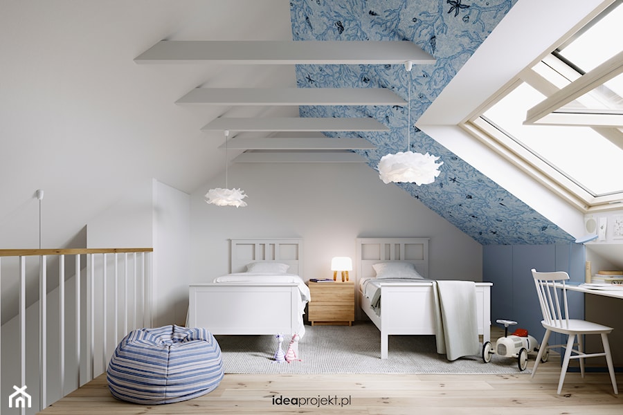 Apartament nadmorski - Średni biały niebieski pokój dziecka dla nastolatka dla chłopca dla dziewczynki, styl skandynawski - zdjęcie od idea projekt