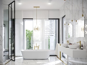 Apartament na warszawskiej Saskiej Kępie - Duża jako pokój kąpielowy z dwoma umywalkami z punktowym oświetleniem łazienka, styl glamour - zdjęcie od idea projekt