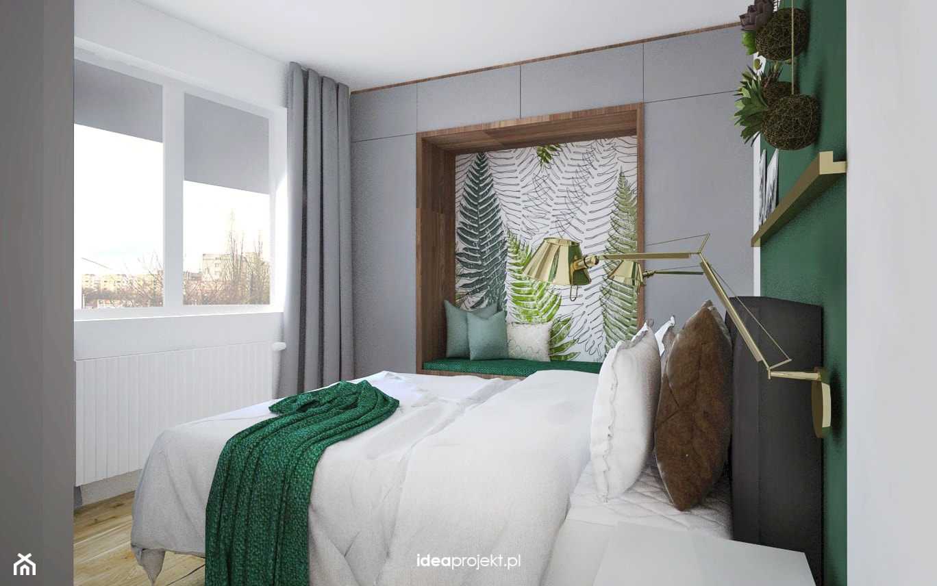 Zieleń - motyw przewodni - Mała biała zielona sypialnia, styl skandynawski - zdjęcie od idea projekt - Homebook