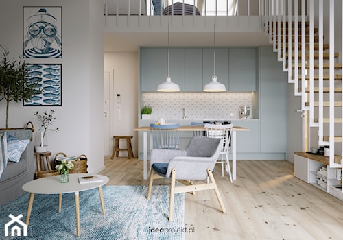 Apartament nadmorski - Średnia otwarta z salonem biała z zabudowaną lodówką kuchnia jednorzędowa, styl skandynawski - zdjęcie od idea projekt