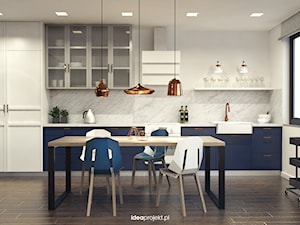 Mieszkanie letnie - Duża otwarta z salonem biała z zabudowaną lodówką kuchnia w kształcie litery g z oknem z marmurem nad blatem kuchennym, styl nowoczesny - zdjęcie od idea projekt