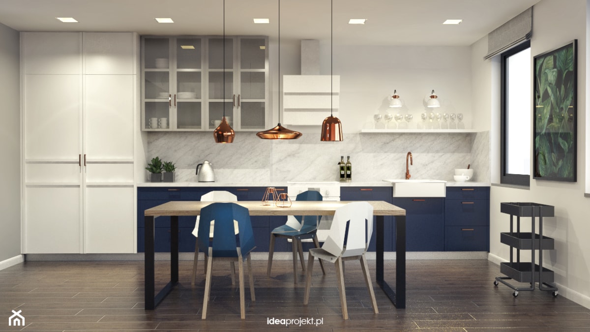 Mieszkanie letnie - Duża otwarta z salonem biała z zabudowaną lodówką kuchnia w kształcie litery g z oknem z marmurem nad blatem kuchennym, styl nowoczesny - zdjęcie od idea projekt - Homebook
