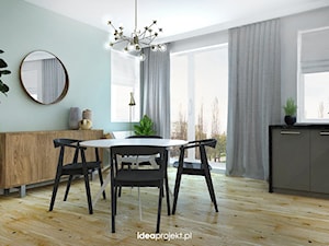 Zieleń - motyw przewodni - Średnia niebieska szara jadalnia w kuchni, styl skandynawski - zdjęcie od idea projekt