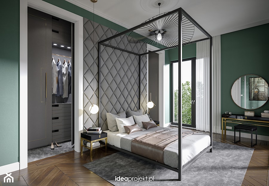 Apartament na warszawskiej Saskiej Kępie - Średnia zielona sypialnia z garderobą, styl glamour - zdjęcie od idea projekt