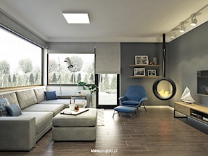 Mieszkanie letnie - Duży biały niebieski salon z tarasem / balkonem, styl nowoczesny - zdjęcie od idea projekt