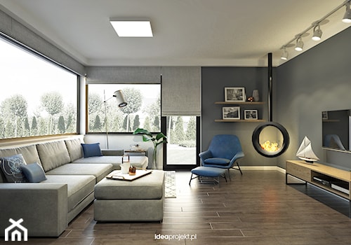 Mieszkanie letnie - Duży biały niebieski salon z tarasem / balkonem, styl nowoczesny - zdjęcie od idea projekt