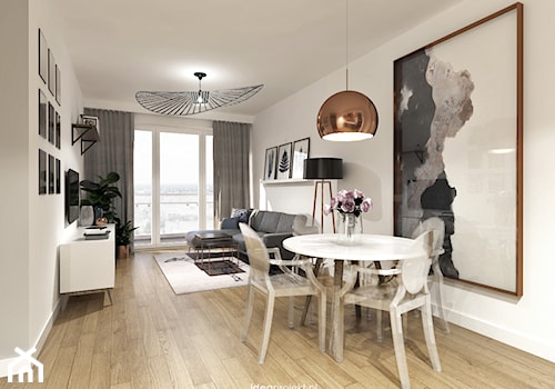 Grafit - Średni biały salon z jadalnią z tarasem / balkonem, styl skandynawski - zdjęcie od idea projekt