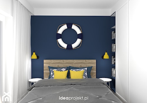 Nadmorski klimat III - Mała biała niebieska sypialnia, styl skandynawski - zdjęcie od idea projekt