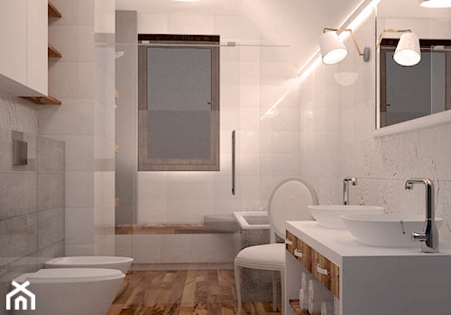 Koncepcja romantycznej łazienki - Średnia na poddaszu z lustrem z dwoma umywalkami łazienka z oknem, styl glamour - zdjęcie od idea projekt
