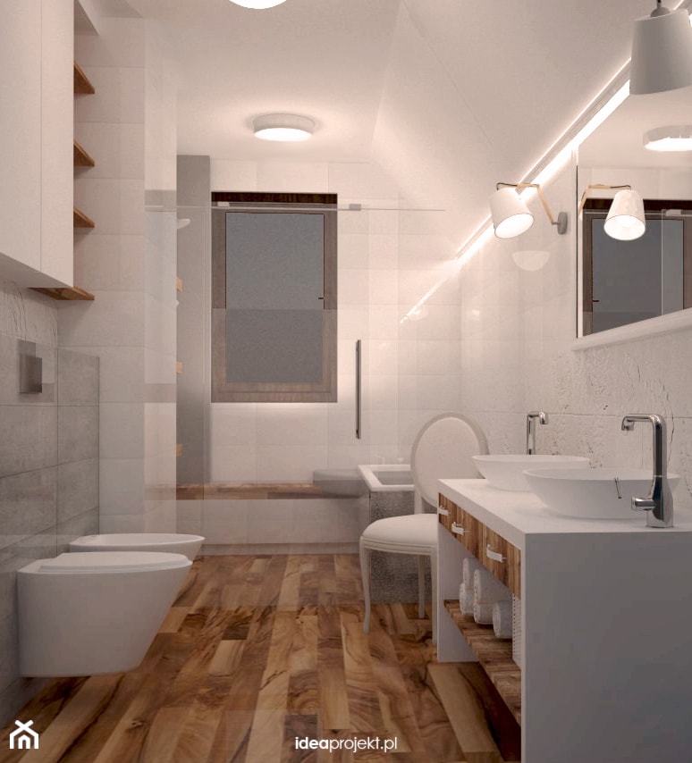 Koncepcja romantycznej łazienki - Średnia na poddaszu z lustrem z dwoma umywalkami łazienka z oknem, styl glamour - zdjęcie od idea projekt