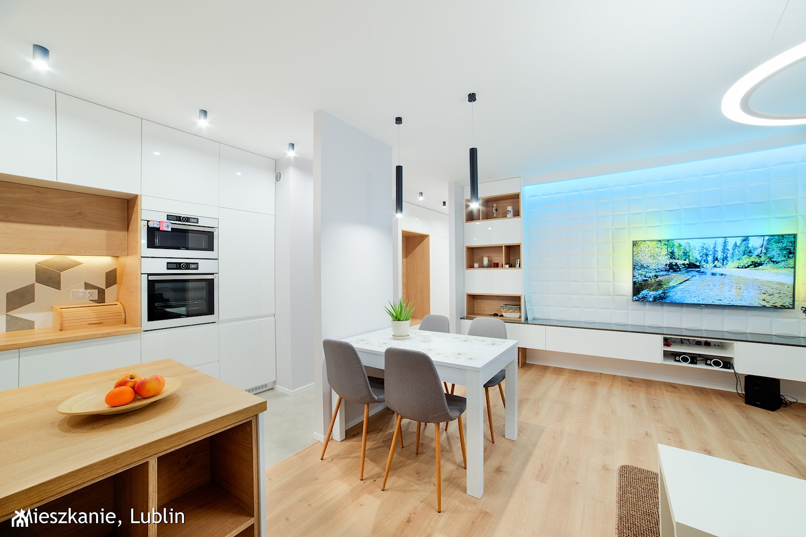 mieszkanie 60m2 ul. Melomanów Lublin - Średnia biała jadalnia w salonie w kuchni, styl nowoczesny - zdjęcie od Auraprojekt - Homebook