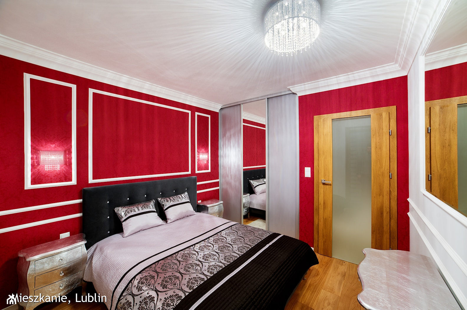 mieszkanie 43m2 ul.Melomanów Lublin - Średnia biała czerwona sypialnia, styl glamour - zdjęcie od Auraprojekt - Homebook