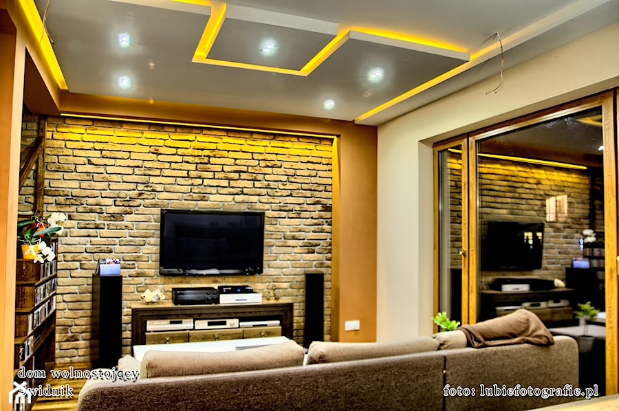 dom jednorodzinny Świdnik - Mały szary żółty salon, styl nowoczesny - zdjęcie od Auraprojekt