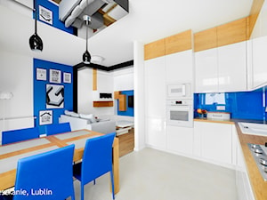 mieszkanie 60m2 ul.Kryształowa Lublin - Średnia biała niebieska jadalnia w salonie w kuchni, styl minimalistyczny - zdjęcie od Auraprojekt