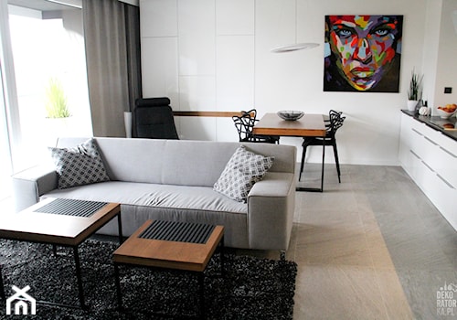 POZNAŃ | Apartament - Mały biały salon z kuchnią z jadalnią, styl nowoczesny - zdjęcie od dekoratorka.pl