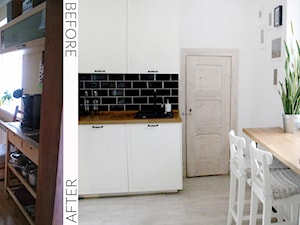 LUBOŃ | Dom jednorodzinny - Średnia zamknięta biała czarna z podblatowym zlewozmywakiem kuchnia w kształcie litery l, styl skandynawski - zdjęcie od dekoratorka.pl