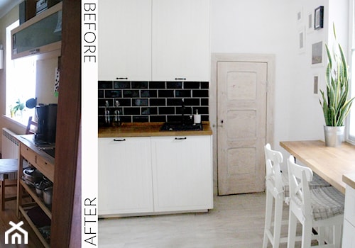 LUBOŃ | Dom jednorodzinny - Średnia zamknięta biała czarna z podblatowym zlewozmywakiem kuchnia w kształcie litery l, styl skandynawski - zdjęcie od dekoratorka.pl