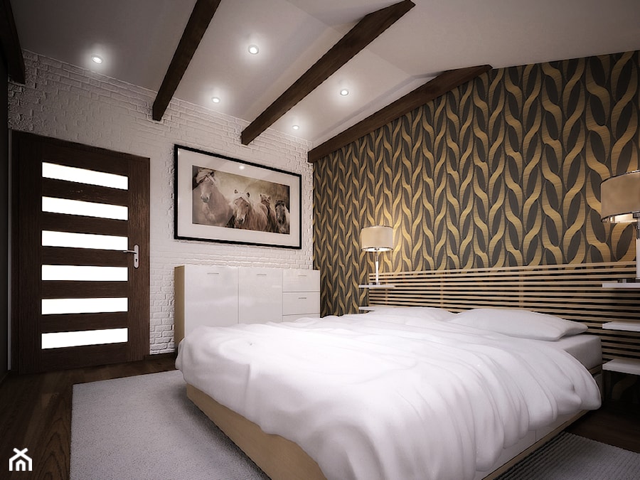 Projekt aranżacji sypialni - Średnia duża biała brązowa sypialnia, styl nowoczesny - zdjęcie od 3ESDESIGN