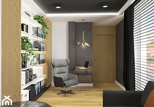 Projektowanie wnętrz Kraków -domowe biuro - Średnie w osobnym pomieszczeniu z sofą z zabudowanym biurkiem białe czarne biuro, styl nowoczesny - zdjęcie od 3ESDESIGN