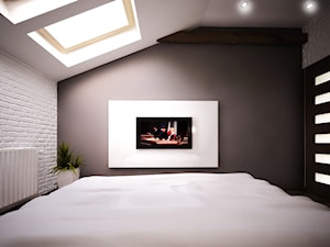 Projekt aranżacji sypialni - Średnia biała szara sypialnia na poddaszu, styl nowoczesny - zdjęcie od 3ESDESIGN
