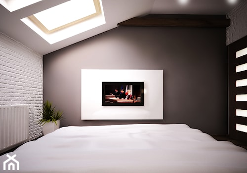 Projekt aranżacji sypialni - Średnia biała szara sypialnia na poddaszu, styl nowoczesny - zdjęcie od 3ESDESIGN