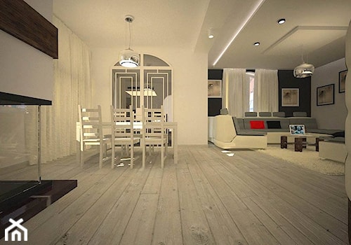 Aranżacja salonu w stylu nowoczesnym - Duży biały czarny salon z jadalnią, styl nowoczesny - zdjęcie od 3ESDESIGN