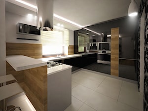 Projekt kuchni w stylu glamour - Duża otwarta z salonem biała czarna z zabudowaną lodówką z podblatowym zlewozmywakiem kuchnia w kształcie litery u z oknem, styl nowoczesny - zdjęcie od 3ESDESIGN