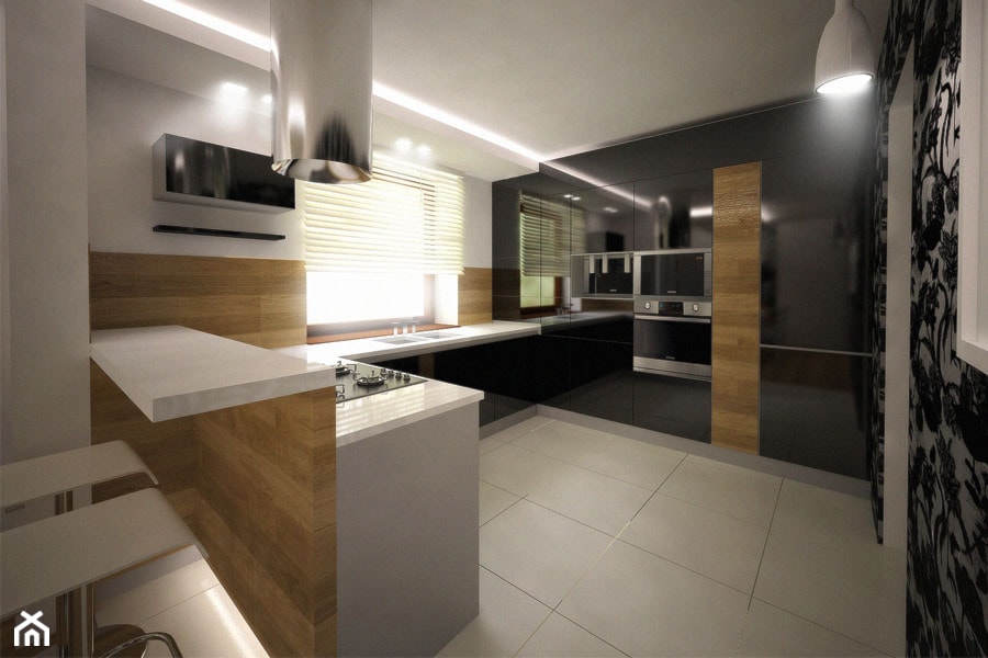 Projekt kuchni w stylu glamour - Duża otwarta z salonem biała czarna z zabudowaną lodówką z podblatowym zlewozmywakiem kuchnia w kształcie litery u z oknem, styl nowoczesny - zdjęcie od 3ESDESIGN