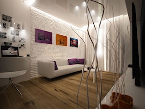 "Ponadczasoprzestrzenność tapety" - Średnie w osobnym pomieszczeniu z sofą z zabudowanym biurkiem białe biuro, styl nowoczesny - zdjęcie od 3ESDESIGN