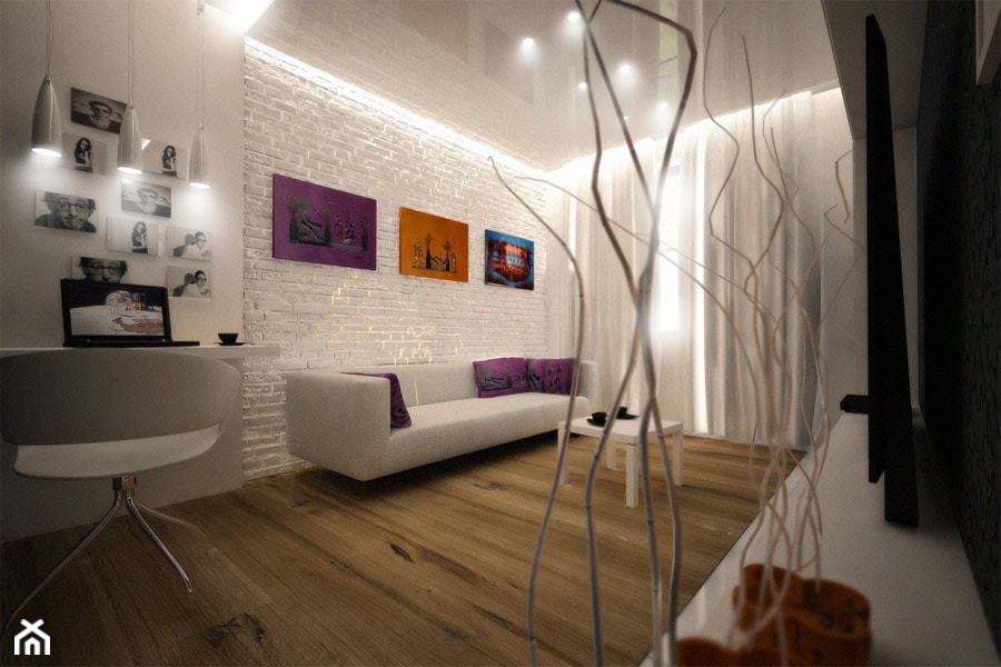 "Ponadczasoprzestrzenność tapety" - Średnie w osobnym pomieszczeniu z sofą z zabudowanym biurkiem białe biuro, styl nowoczesny - zdjęcie od 3ESDESIGN - Homebook