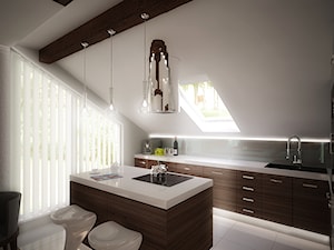 Średnia z salonem biała z podblatowym zlewozmywakiem kuchnia dwurzędowa z wyspą lub półwyspem z oknem, styl nowoczesny - zdjęcie od 3ESDESIGN