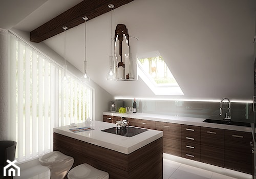Średnia z salonem biała z podblatowym zlewozmywakiem kuchnia dwurzędowa z wyspą lub półwyspem z oknem, styl nowoczesny - zdjęcie od 3ESDESIGN