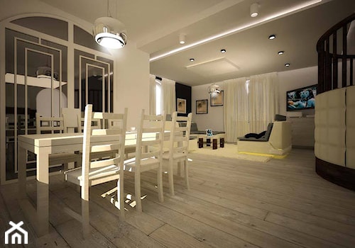 Aranżacja salonu w stylu nowoczesnym - Duży beżowy biały salon z jadalnią, styl nowoczesny - zdjęcie od 3ESDESIGN
