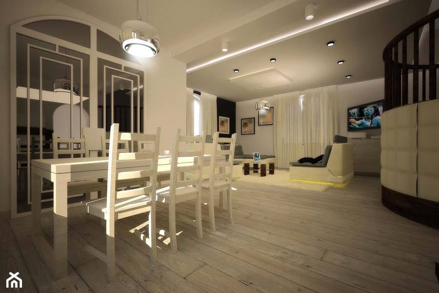 Aranżacja salonu w stylu nowoczesnym - Duży beżowy biały salon z jadalnią, styl nowoczesny - zdjęcie od 3ESDESIGN