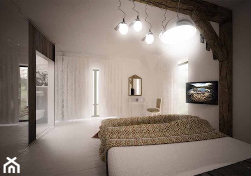 Aranżacja sypialni - Średnia szara sypialnia, styl rustykalny - zdjęcie od 3ESDESIGN