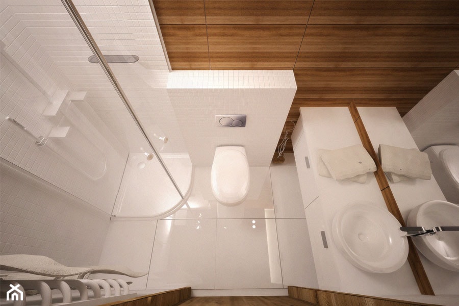 mała łazienka z prysznicem, biała mozaika, płytki ścienne o fakturze drewna, biały blat podumywalkowy