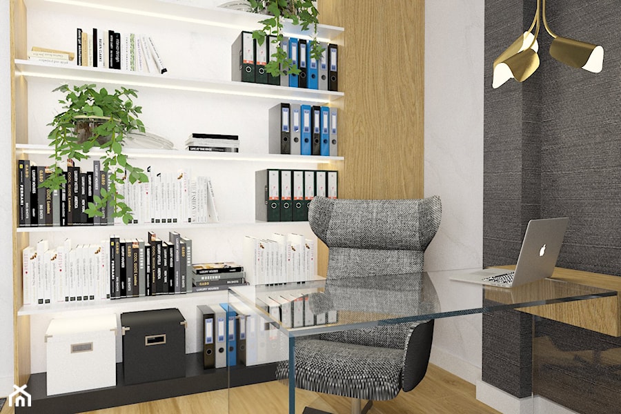 Projektowanie wnętrz Kraków -domowe biuro - Średnie w osobnym pomieszczeniu białe szare biuro, styl nowoczesny - zdjęcie od 3ESDESIGN