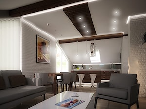 Projekt aranżacji poddasza - Średni biały szary salon z kuchnią z jadalnią, styl nowoczesny - zdjęcie od 3ESDESIGN