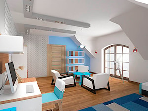 Projekt aranżacji domu_Limanowa - Duży biały niebieski pokój dziecka dla nastolatka dla chłopca, styl nowoczesny - zdjęcie od 3ESDESIGN