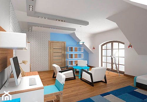 Projekt aranżacji domu_Limanowa - Duży biały niebieski pokój dziecka dla nastolatka dla chłopca, styl nowoczesny - zdjęcie od 3ESDESIGN