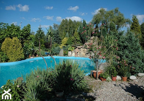 Śródziemnomorski ogród - Duży z kamienną nawierzchnią ogród tropikalny za domem z basenem - zdjęcie od Marcin Sumiła
